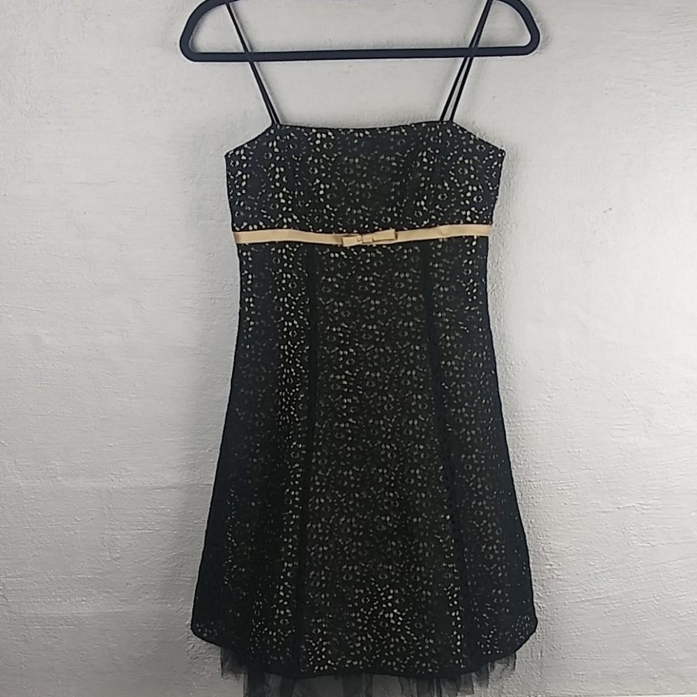Betsy & Adam Black Gold Crochet Straight Neckline Spaghetti Strap Mini Dress - Picture 15 of 15